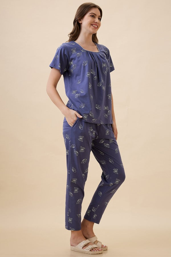 AV2 Women's Cotton Printed Round Neck Short Sleeve Nightsuit Set | Pajama Set | Casual Night Dress for Women - Blue 2128B