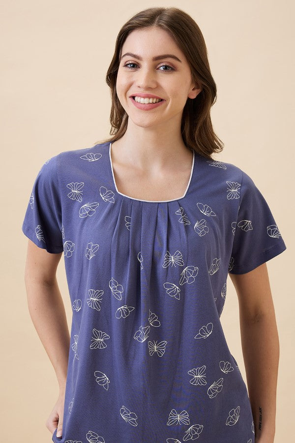 AV2 Women's Cotton Printed Round Neck Short Sleeve Nightsuit Set | Pajama Set | Casual Night Dress for Women - Blue 2128B