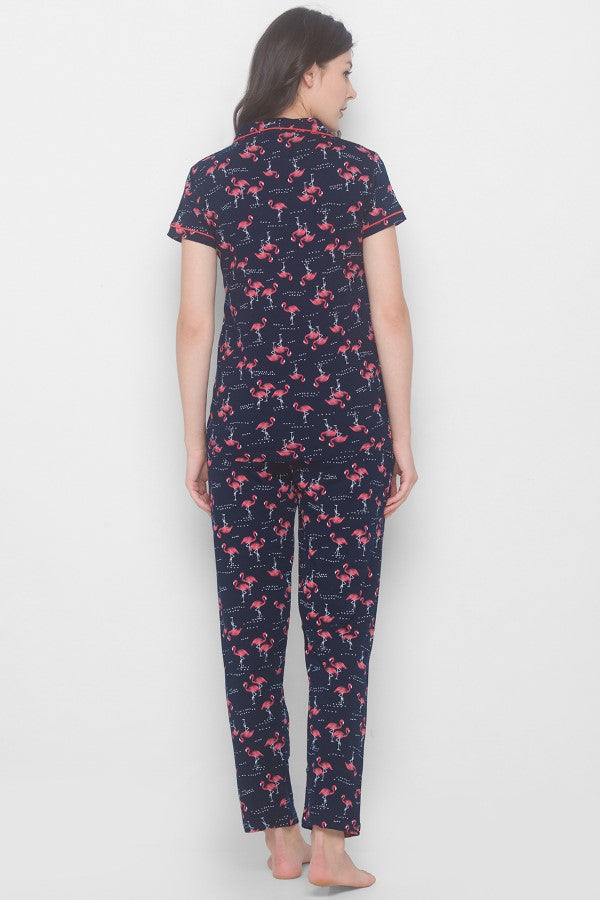 AV2 Women Cotton Bird Printed Top & Pyjama Nighsuit Set - Blue 2201A