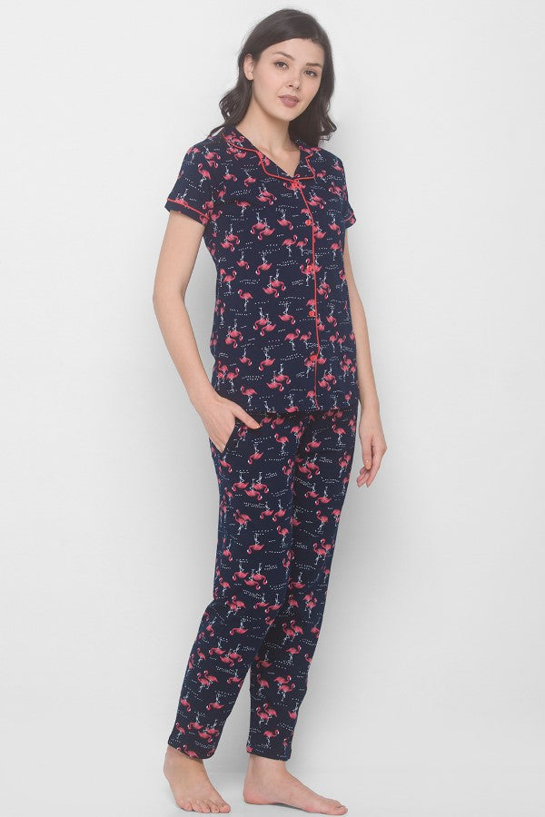 AV2 Women Cotton Bird Printed Top & Pyjama Nighsuit Set - Blue 2201A
