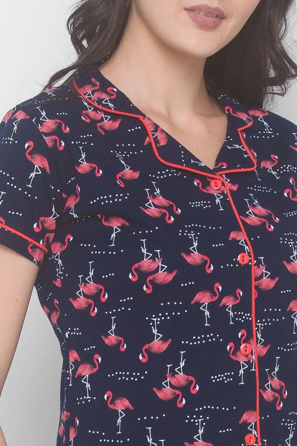 AV2 Women Cotton Bird Printed Top & Pyjama Nighsuit Set - Blue 2201A