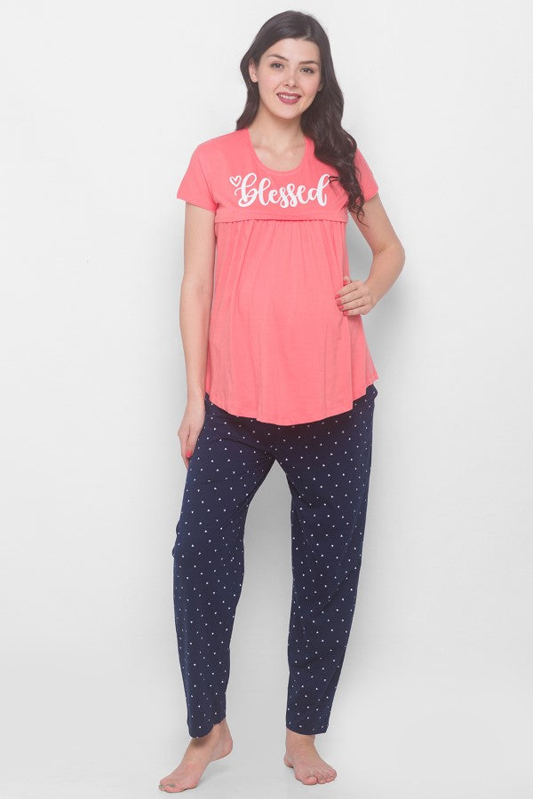 AV2 Women Cotton Printed Maternity & Feeding Top & Pyjama Set - Peach 2239A