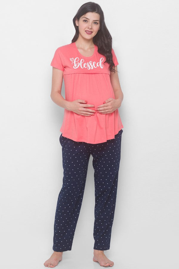 AV2 Women Cotton Printed Maternity & Feeding Top & Pyjama Set - Peach 2239A