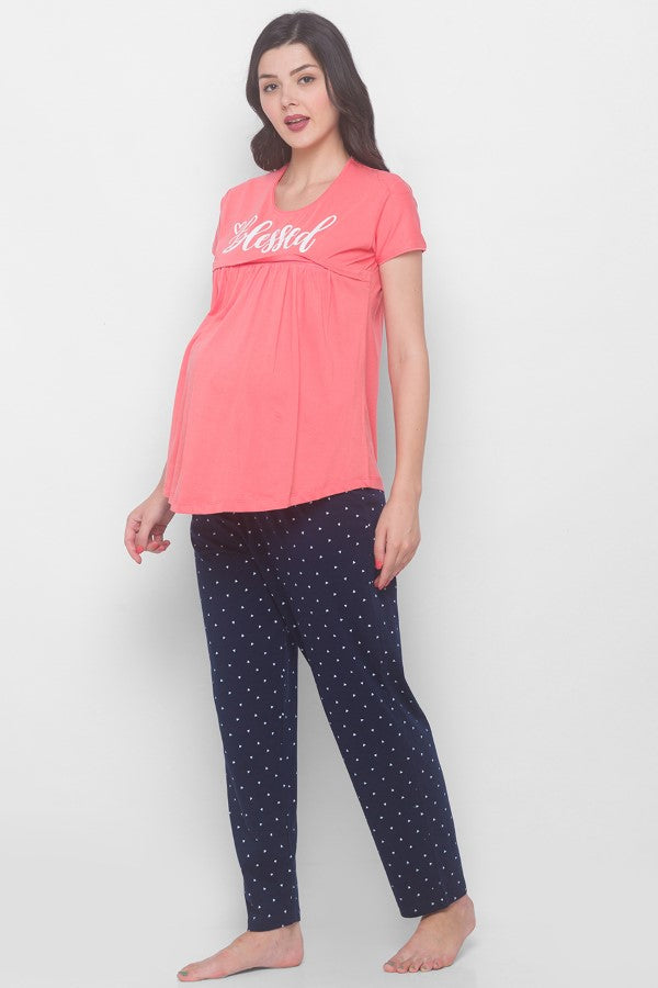 AV2 Women Cotton Printed Maternity & Feeding Top & Pyjama Set - Peach 2239A