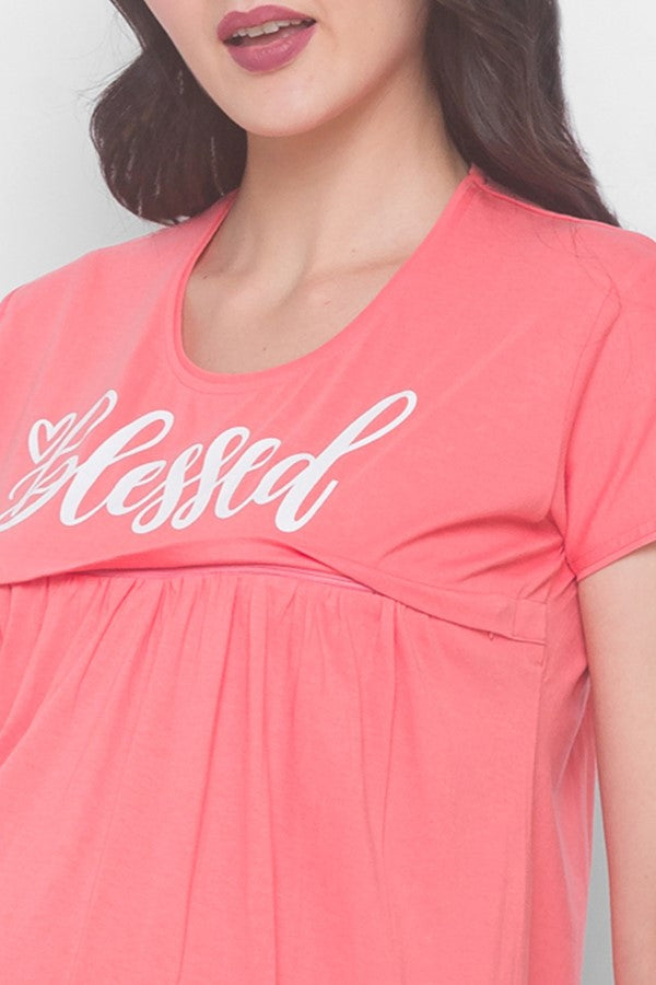 AV2 Women Cotton Printed Maternity & Feeding Top & Pyjama Set - Peach 2239A
