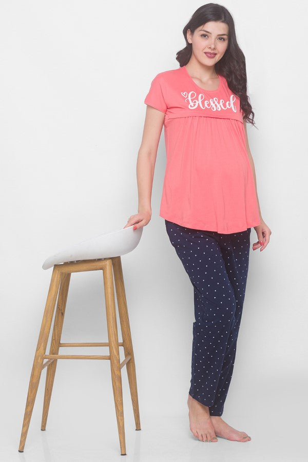 AV2 Women Cotton Printed Maternity & Feeding Top & Pyjama Set - Peach 2239A