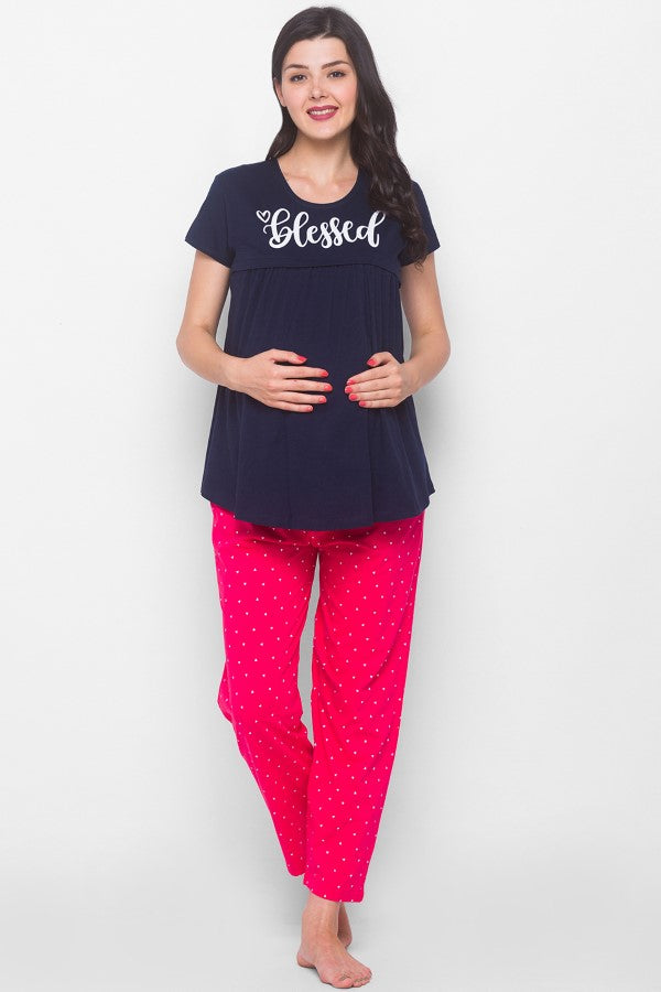 AV2 Women Cotton Printed Maternity & Feeding Top & Pyjama Set - Navy 2239C