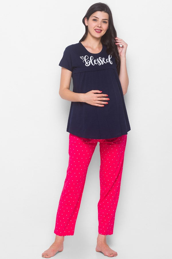 AV2 Women Cotton Printed Maternity & Feeding Top & Pyjama Set - Navy 2239C