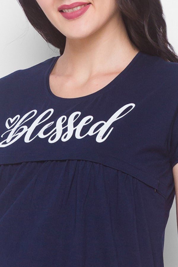 AV2 Women Cotton Printed Maternity & Feeding Top & Pyjama Set - Navy 2239C