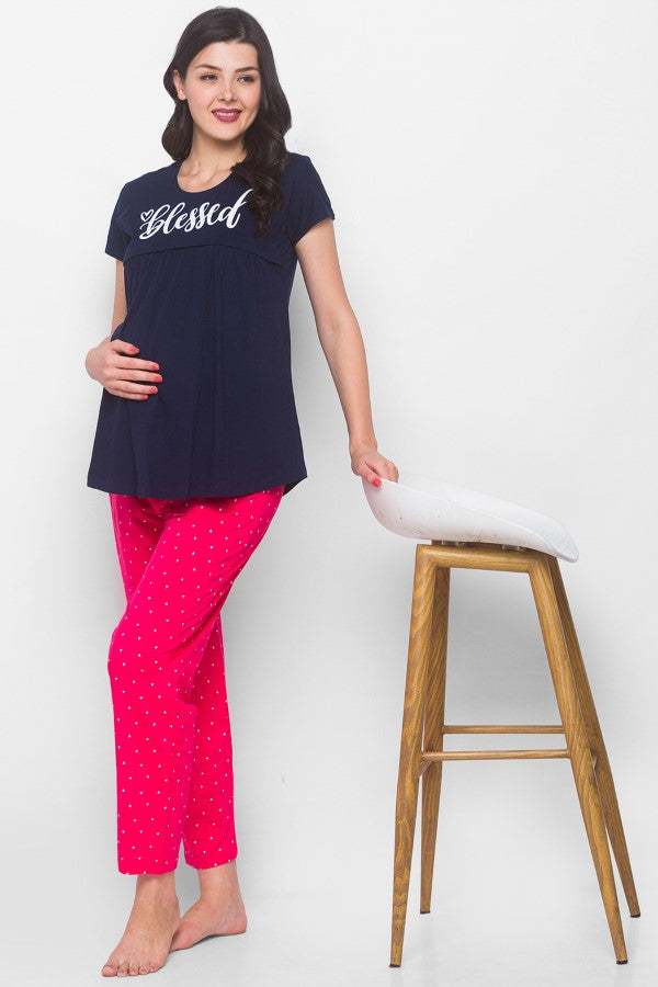 AV2 Women Cotton Printed Maternity & Feeding Top & Pyjama Set - Navy 2239C