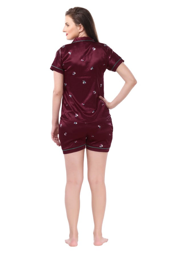 AV2 Women Satin Short Sleeve Top And Shorts Nightsuit Set - Maroon 2286B