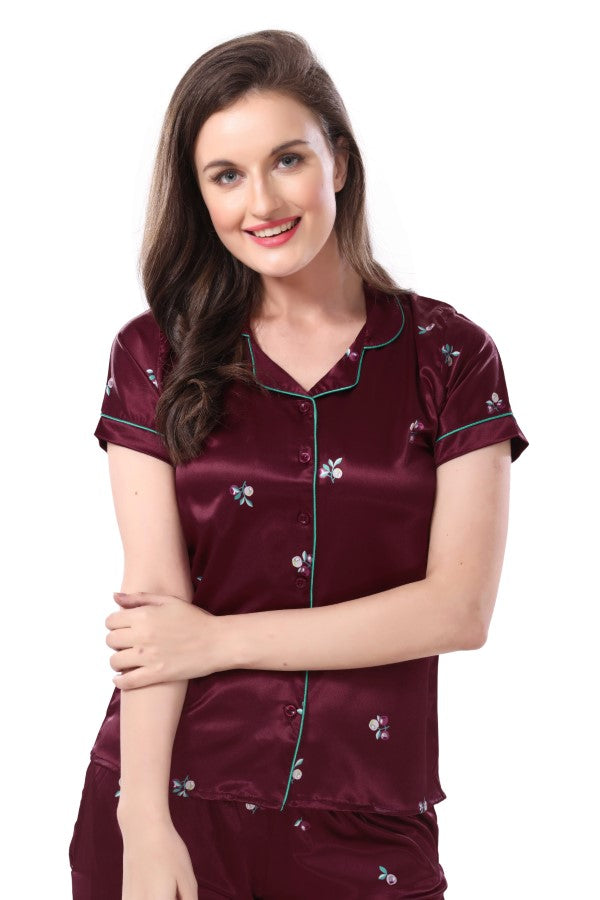 AV2 Women Satin Short Sleeve Top And Shorts Nightsuit Set - Maroon 2286B