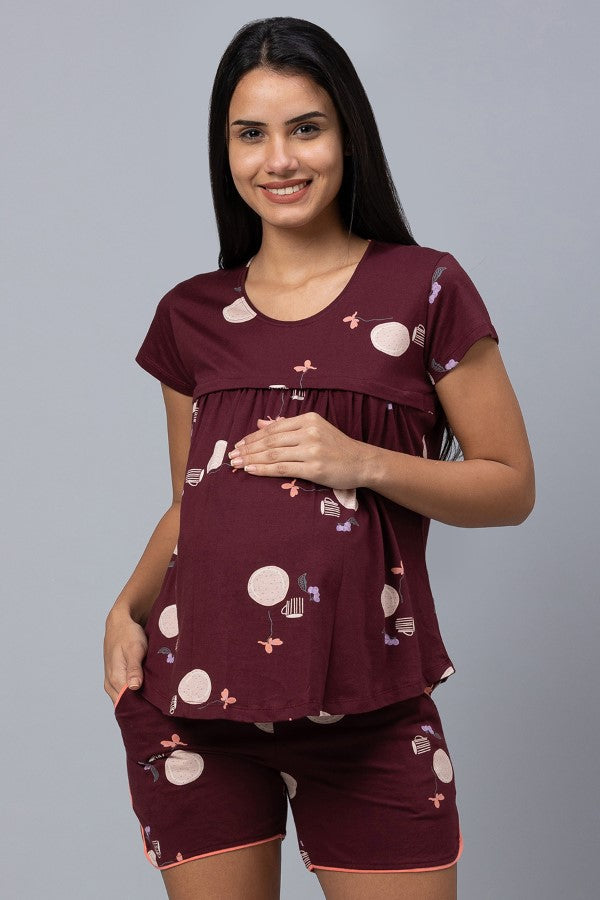 AV2 Women Cotton Printed Maternity & Feeding Top & Shorts Set - Maroon 2308A