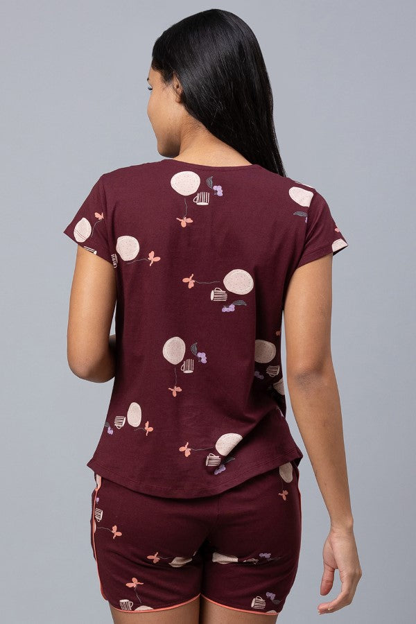 AV2 Women Cotton Printed Maternity & Feeding Top & Shorts Set - Maroon 2308A