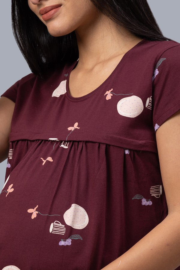 AV2 Women Cotton Printed Maternity & Feeding Top & Shorts Set - Maroon 2308A