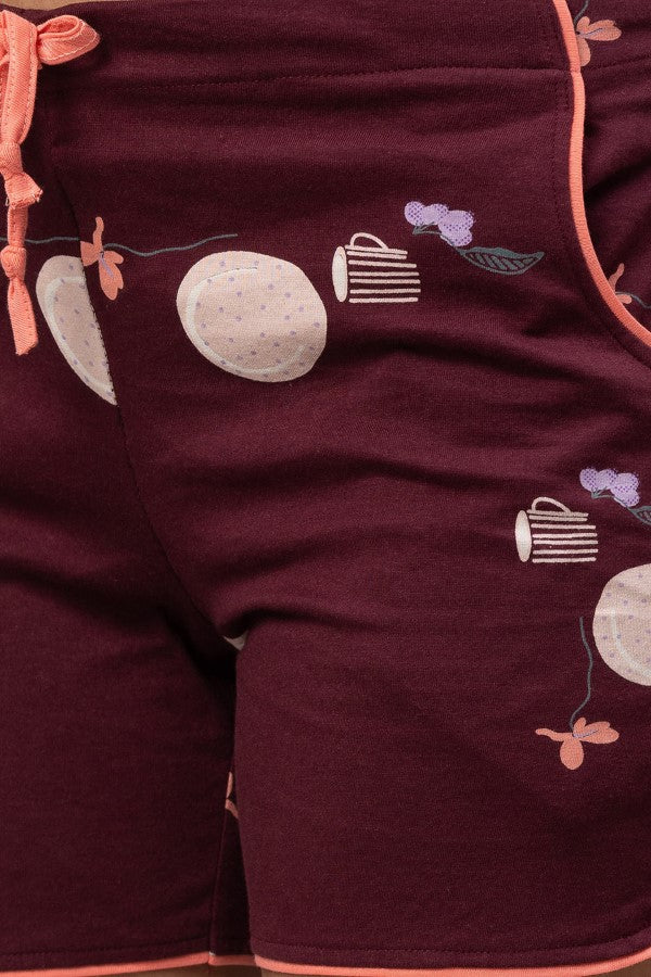 AV2 Women Cotton Printed Maternity & Feeding Top & Shorts Set - Maroon 2308A