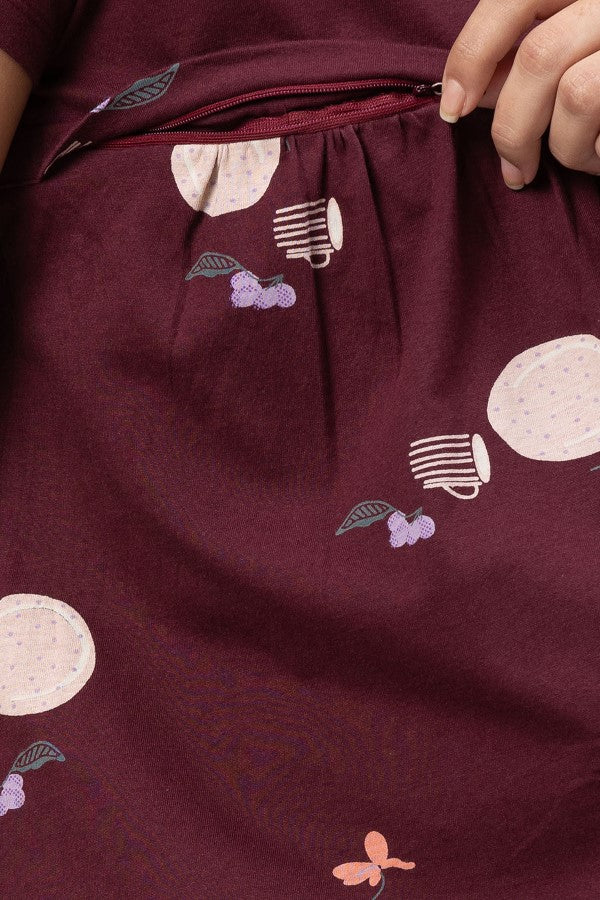 AV2 Women Cotton Printed Maternity & Feeding Top & Shorts Set - Maroon 2308A