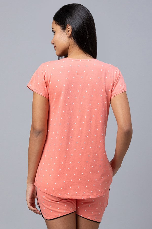 AV2 Women Cotton Printed Maternity & Feeding Top & Shorts Set - Peach 2309B