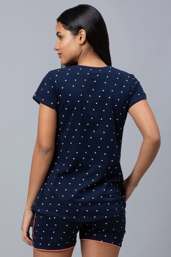 AV2 Women Cotton Printed Maternity & Feeding Top & Shorts Set - Navy 2309C