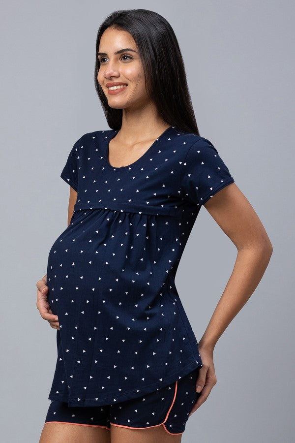 AV2 Women Cotton Printed Maternity & Feeding Top & Shorts Set - Navy 2309C