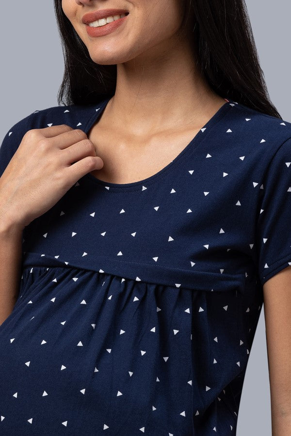 AV2 Women Cotton Printed Maternity & Feeding Top & Shorts Set - Navy 2309C