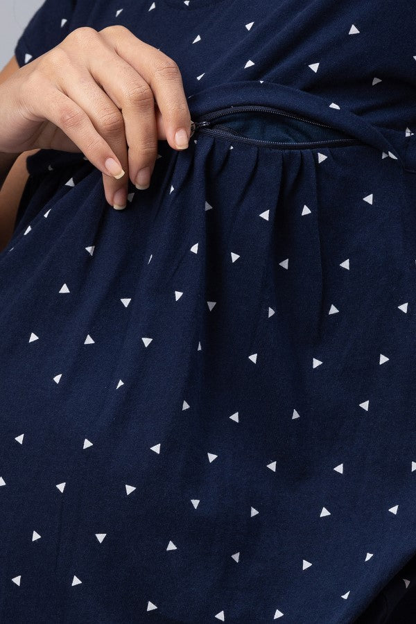 AV2 Women Cotton Printed Maternity & Feeding Top & Shorts Set - Navy 2309C