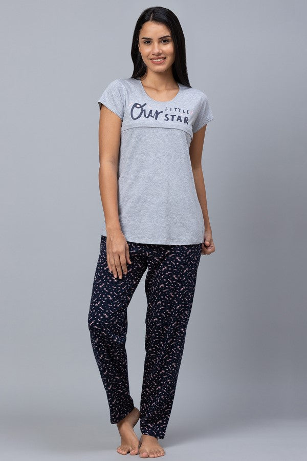 AV2 Women Cotton Printed Feeding Top & Pyjama Set - Grey 2310A
