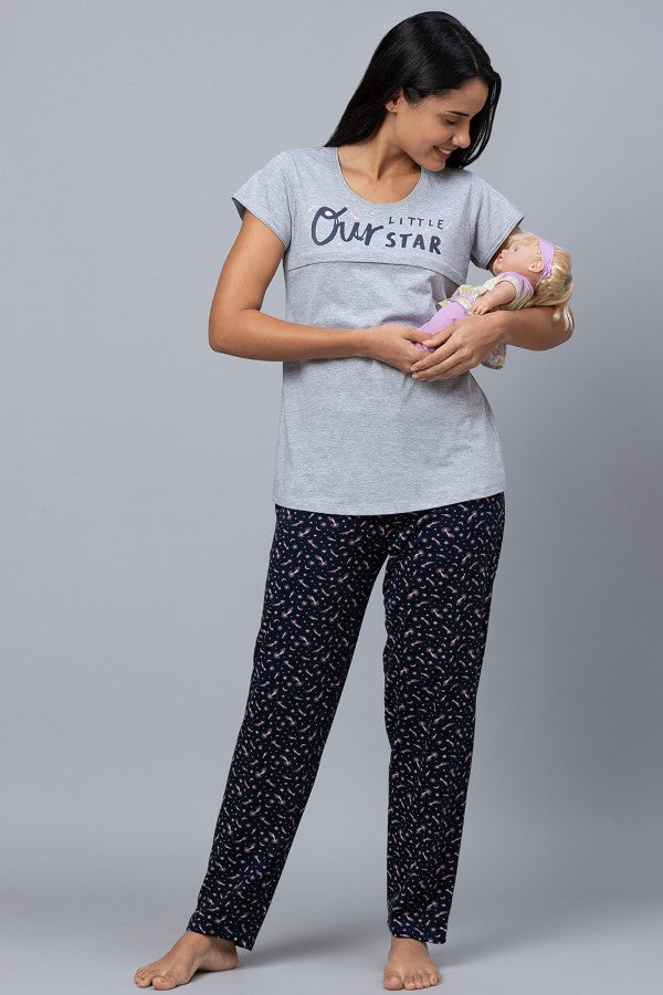 AV2 Women Cotton Printed Feeding Top & Pyjama Set - Grey 2310A