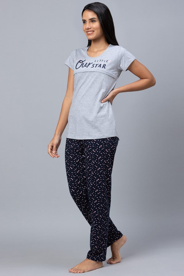 AV2 Women Cotton Printed Feeding Top & Pyjama Set - Grey 2310A