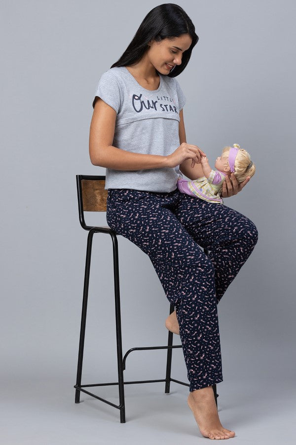 AV2 Women Cotton Printed Feeding Top & Pyjama Set - Grey 2310A
