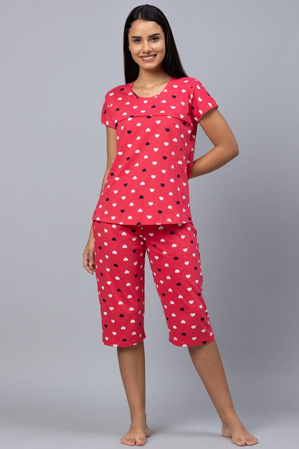 AV2 Women Cotton Printed Feeding Top & Capri Set - Pink 2313B