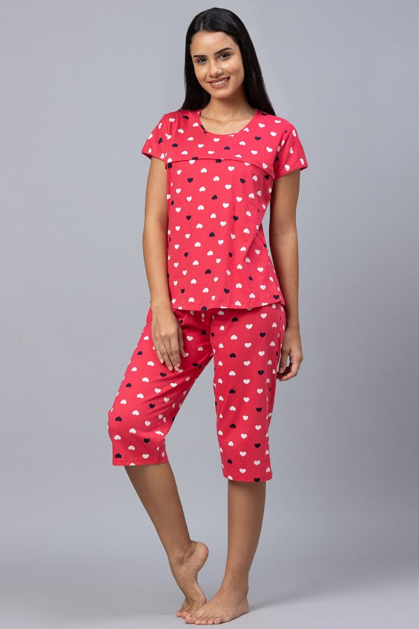 AV2 Women Cotton Printed Feeding Top & Capri Set - Pink 2313B
