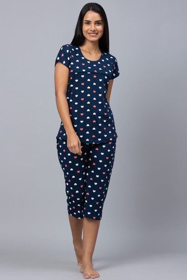 AV2 Women Cotton Printed Feeding Top & Capri Set - Navy 2313C