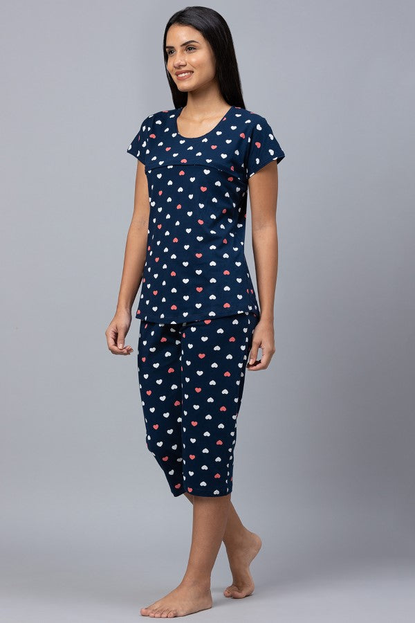 AV2 Women Cotton Printed Feeding Top & Capri Set - Navy 2313C