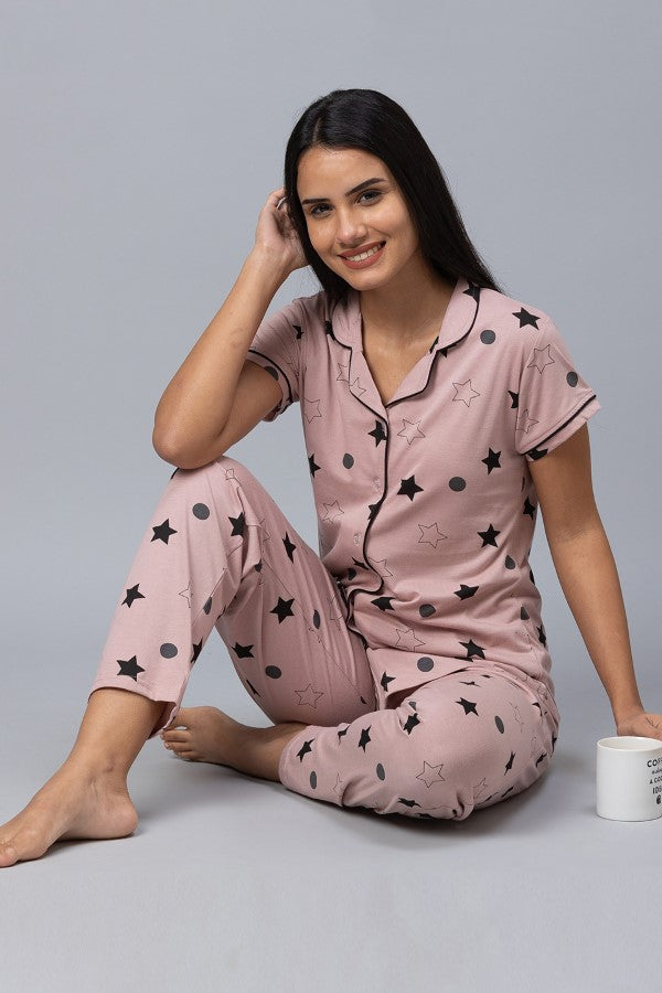 AV2 Women Cotton Short Sleeve Top And Pyjama Nightsuit Set - Mauve 2317A