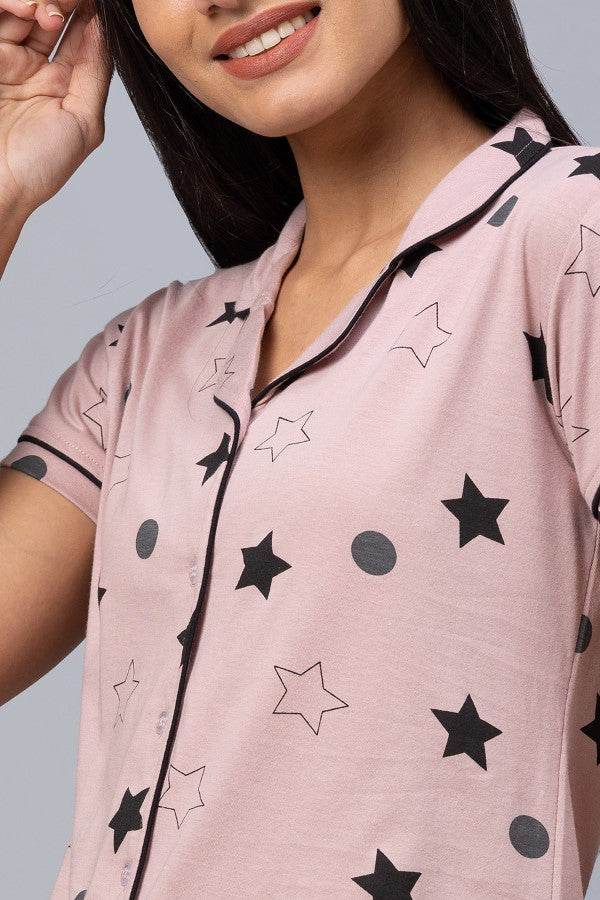 AV2 Women Cotton Short Sleeve Top And Pyjama Nightsuit Set - Mauve 2317A