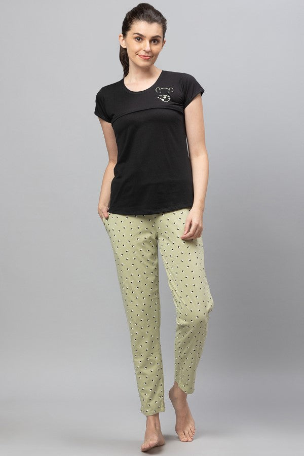 AV2 Women Cotton Feeding Top & Pyjama Nighsuit Set - Black 2323A