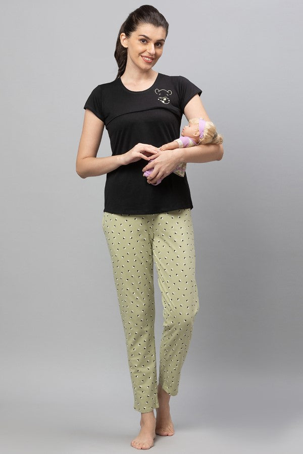 AV2 Women Cotton Feeding Top & Pyjama Nighsuit Set - Black 2323A