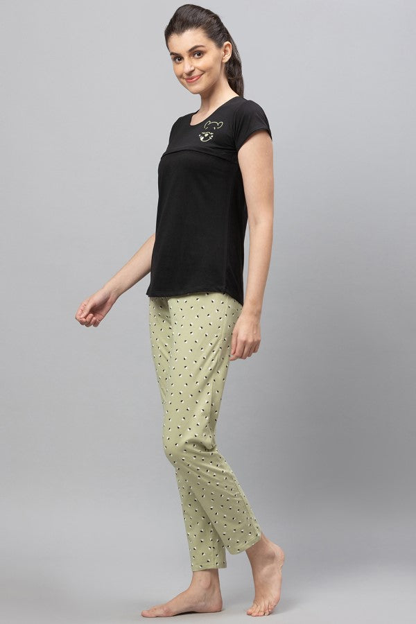 AV2 Women Cotton Feeding Top & Pyjama Nighsuit Set - Black 2323A