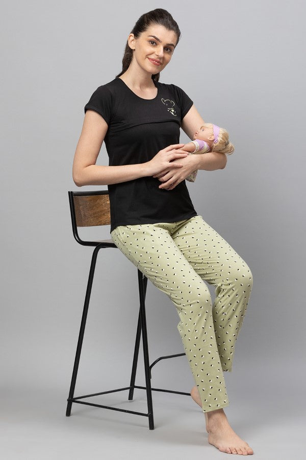 AV2 Women Cotton Feeding Top & Pyjama Nighsuit Set - Black 2323A