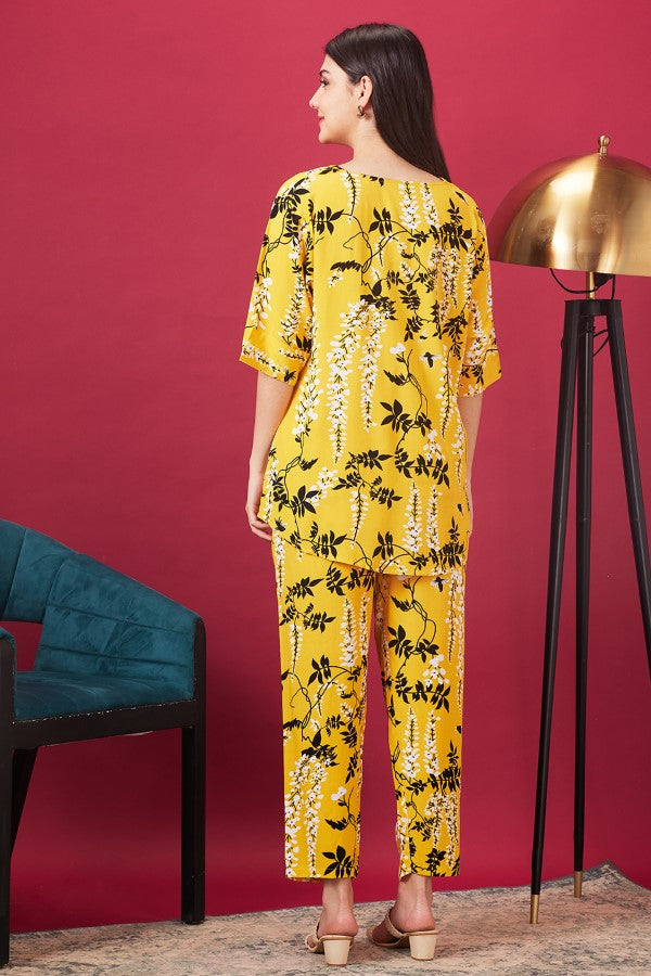 AV2 Women Rayon Printed Top & Pyjama Set - Yellow 2399B