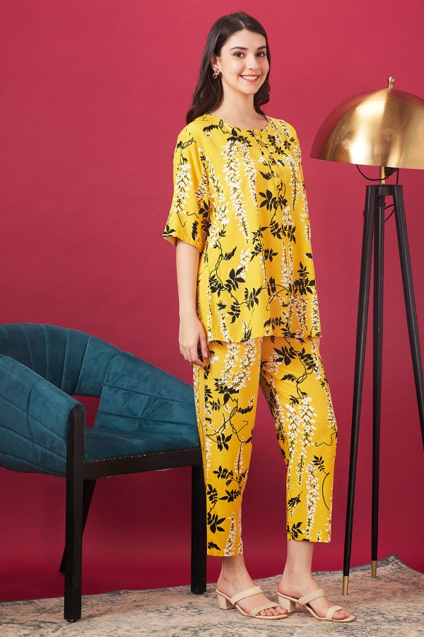 AV2 Women Rayon Printed Top & Pyjama Set - Yellow 2399B