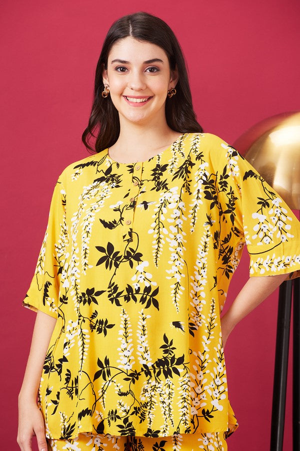AV2 Women Rayon Printed Top & Pyjama Set - Yellow 2399B
