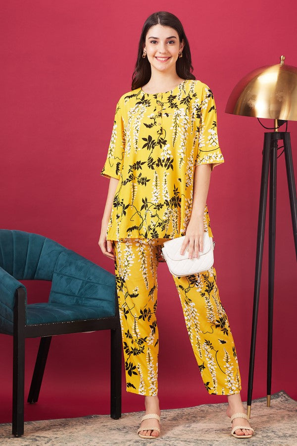 AV2 Women Rayon Printed Top & Pyjama Set - Yellow 2399B