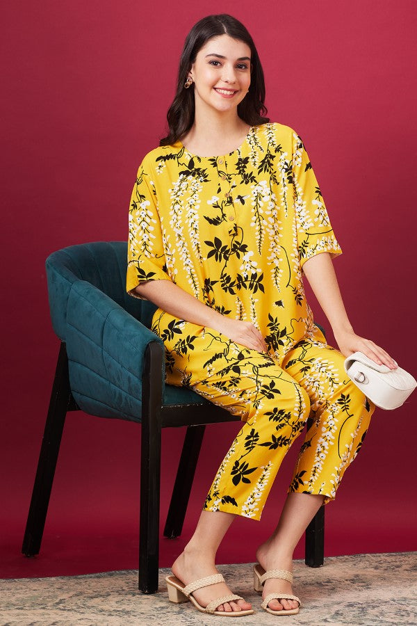 AV2 Women Rayon Printed Top & Pyjama Set - Yellow 2399B