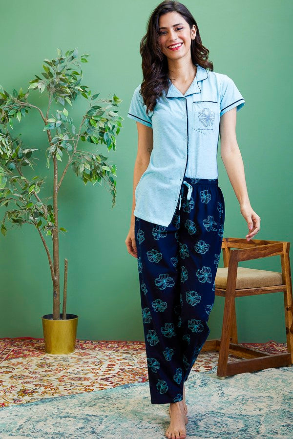 AV2 Women Cotton Short Sleeve Top And Pyjama Night suit Set - Turq 2408A