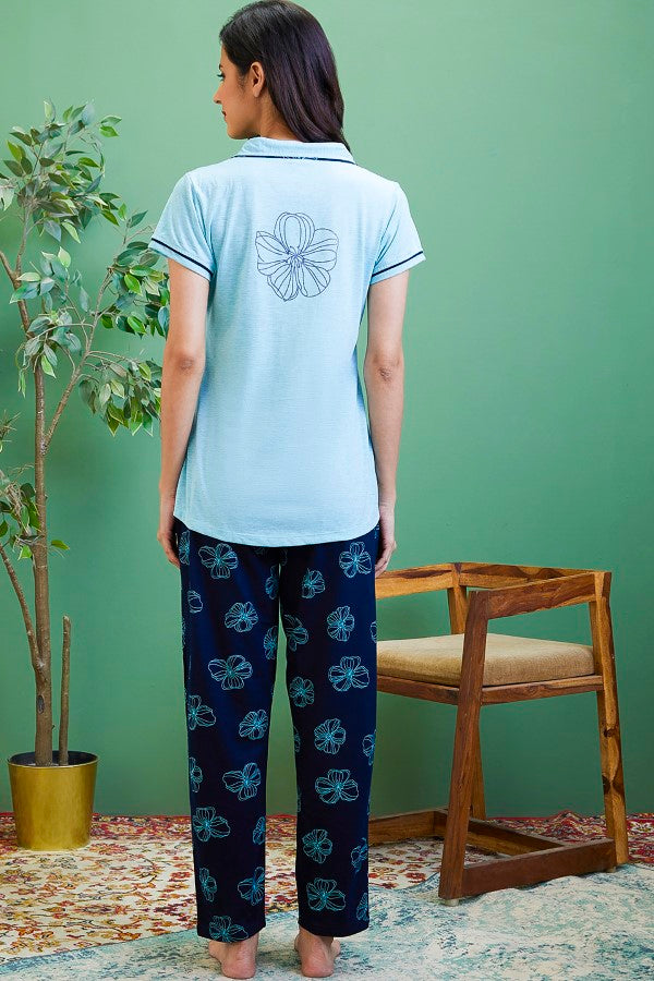 AV2 Women Cotton Short Sleeve Top And Pyjama Night suit Set - Turq 2408A