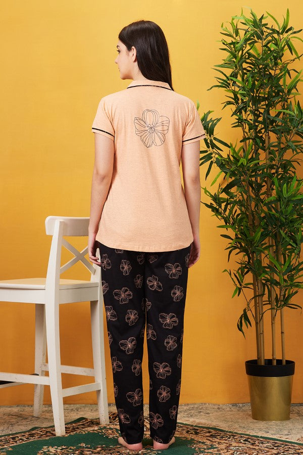 AV2 Women Cotton Short Sleeve Top And Pyjama Night suit Set - Peach 2408B
