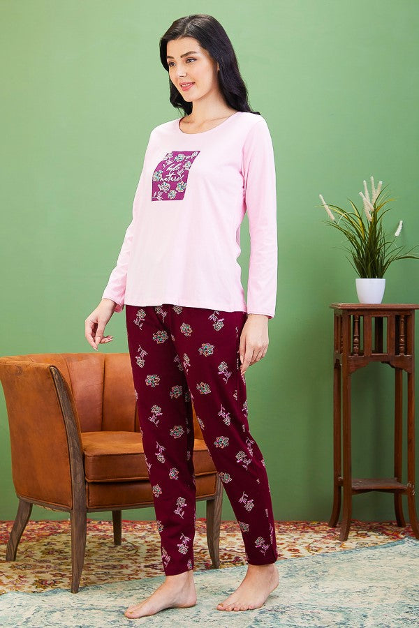AV2 Women Cotton Printed Top & Pajama Nightsuit Set Pink Maroon - 2441A