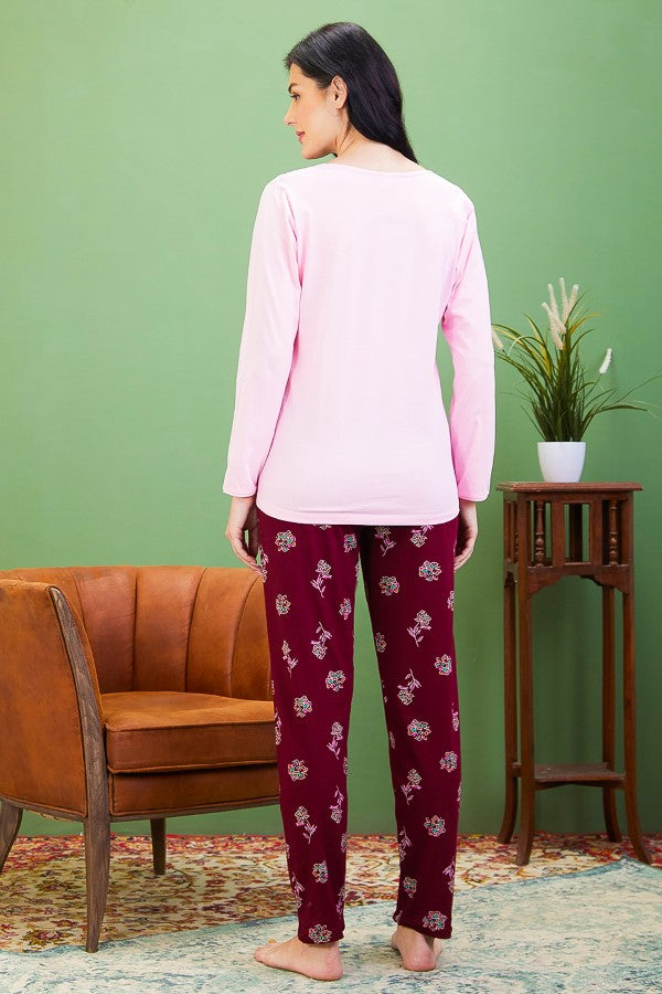 AV2 Women Cotton Printed Top & Pajama Nightsuit Set Pink Maroon - 2441A